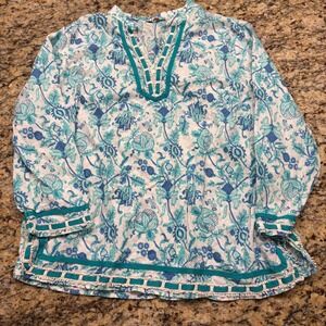 Soiree Womens 1X Blue Teal Paisley Floral Tunic Top Pom Pom Trim V-Neck Blouse